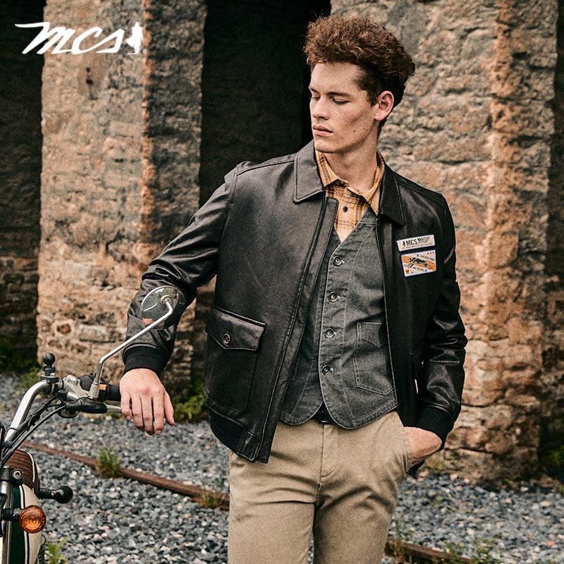 MCS翻领绵羊皮A-2飞行员皮衣夹克