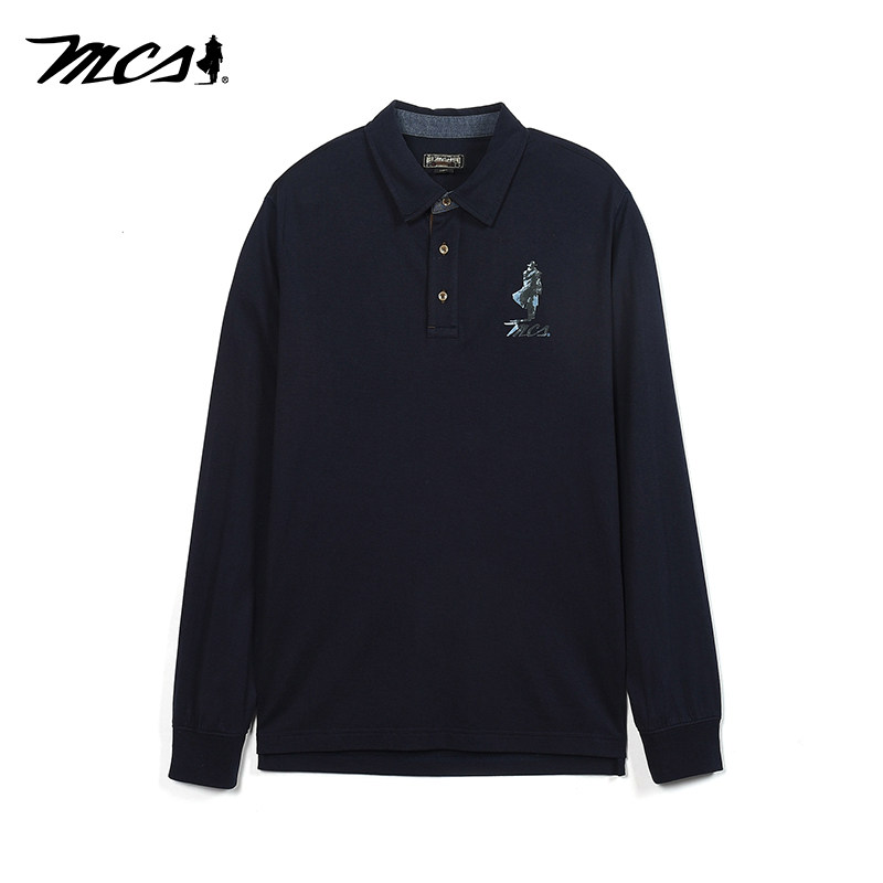 MCS男装源自万宝路美式复古POLO衫原身布上下级领净色长袖T袖