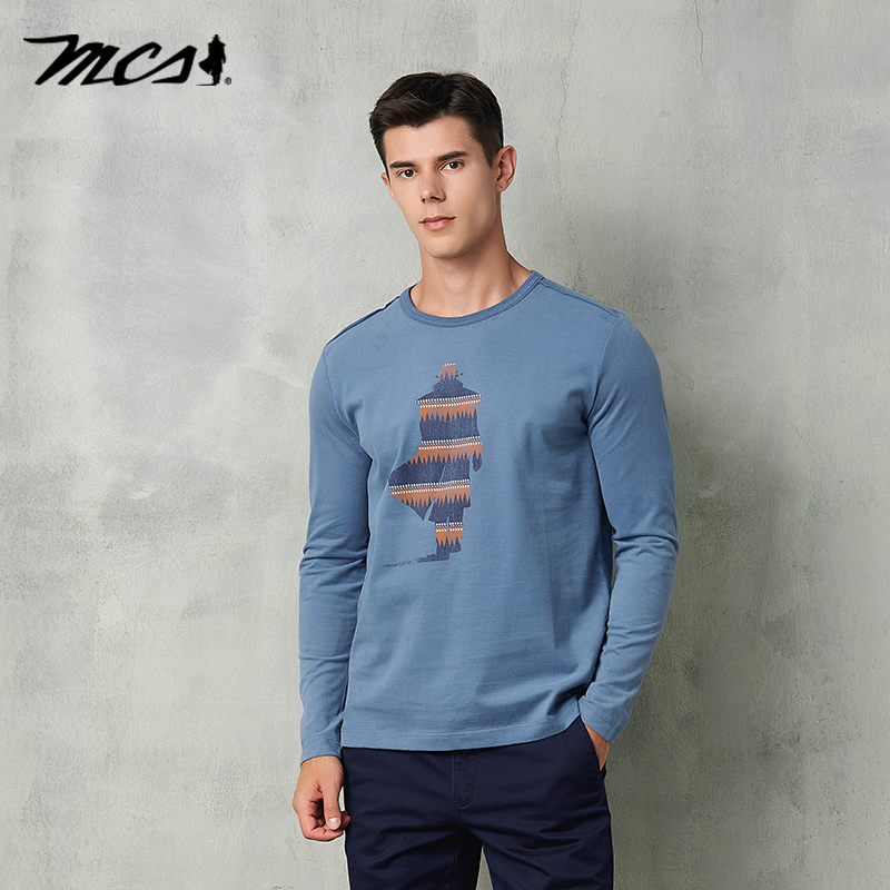 MCS纯棉透气印花磨毛圆领长袖T恤