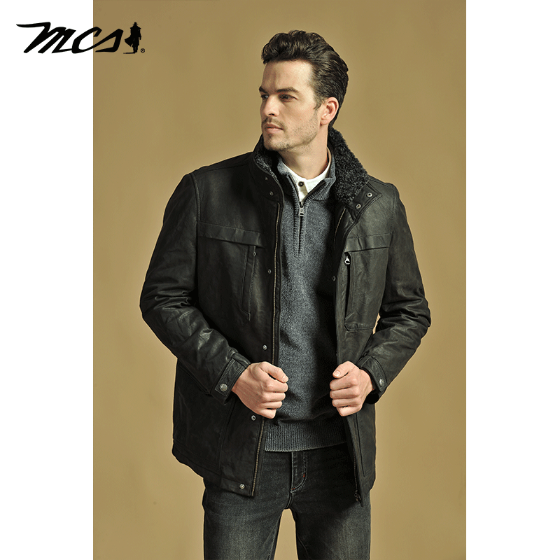 MCS立领多袋中款羽绒绵羊皮皮衣