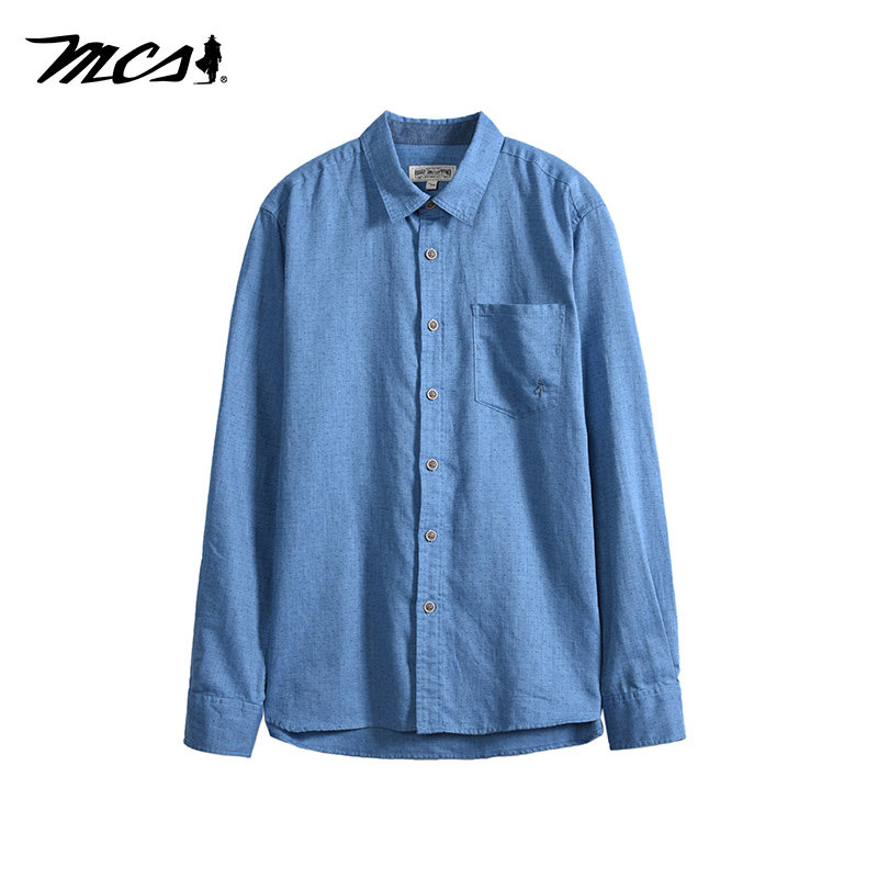 MCS男装源自万宝路休闲衬衫蓝色棉麻质翻领单口袋长袖上衣