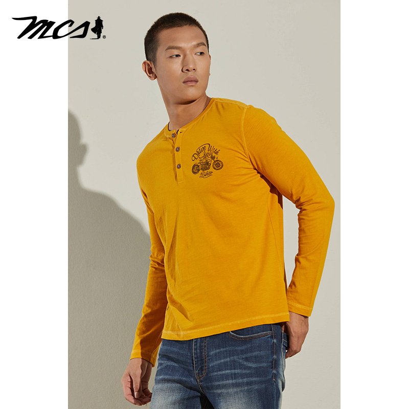 MCS男装复古印花亨利领长袖棉T恤