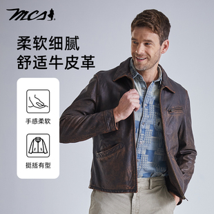 做旧翻领短款 美式 合身底特律牛皮皮衣夹克 源自万宝路秋季 MCS男装