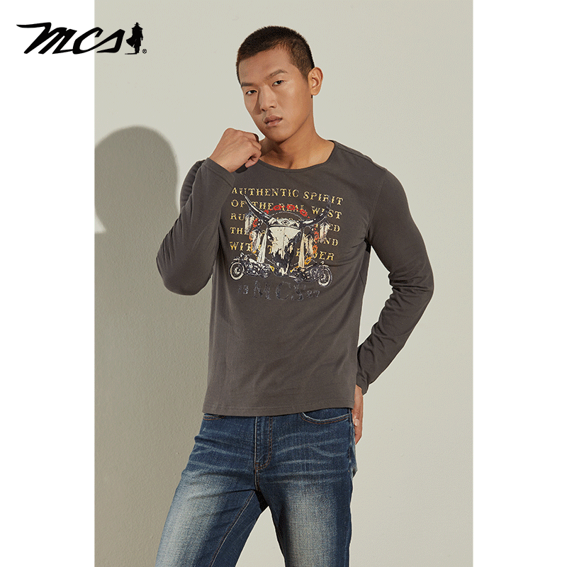 MCS男装美式胸前印花纯棉长袖T恤
