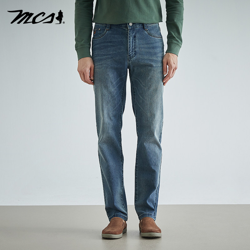 MCS美式复古微弹水洗牛仔裤蓝色