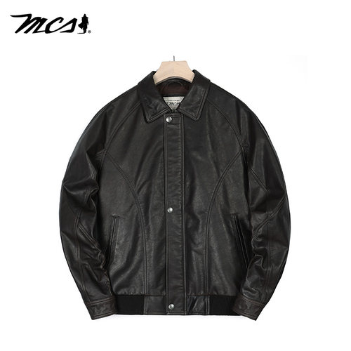 MCS翻领短款真皮机车皮衣夹克男