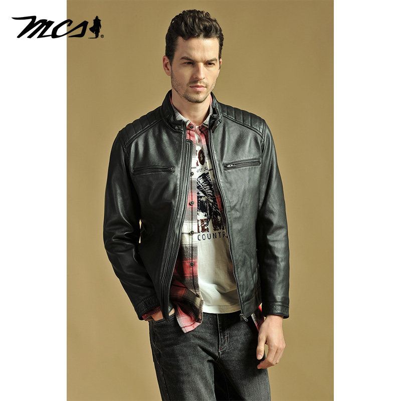 MCS潮流机车修身立领皮衣外套男