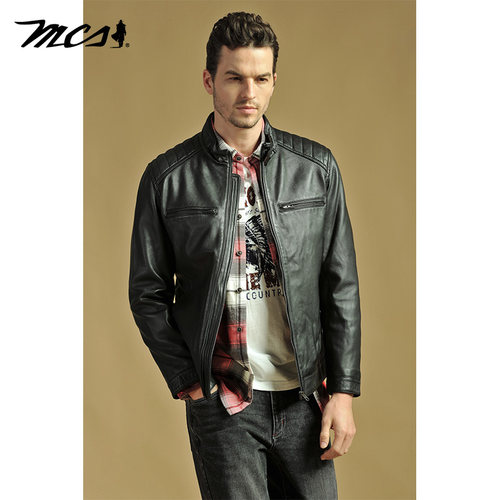 MCS潮流机车修身立领皮衣外套男