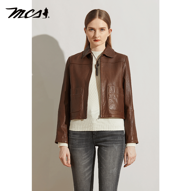 MCS翻领短款时尚百搭皮衣夹克女