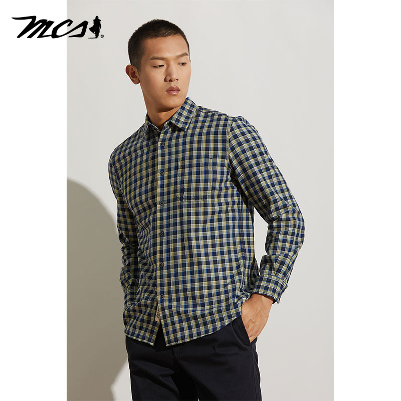 MCS商务休闲纯棉贴袋款格子衬衫