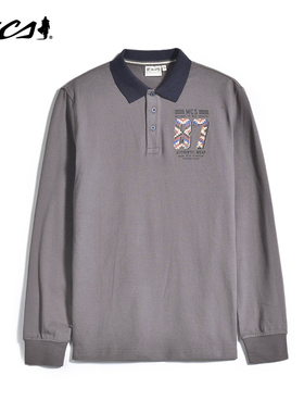 MCS男装源自万宝路春秋款休闲POLO衫亲肤撞色扁机领印花长袖棉T恤