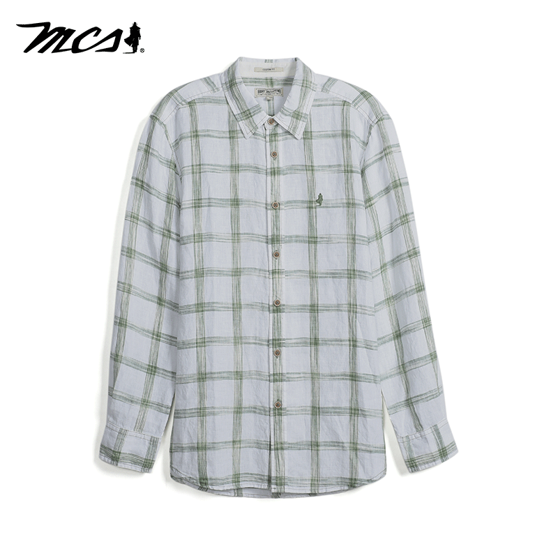 MCS亚麻格子经典复古长袖衬衫男