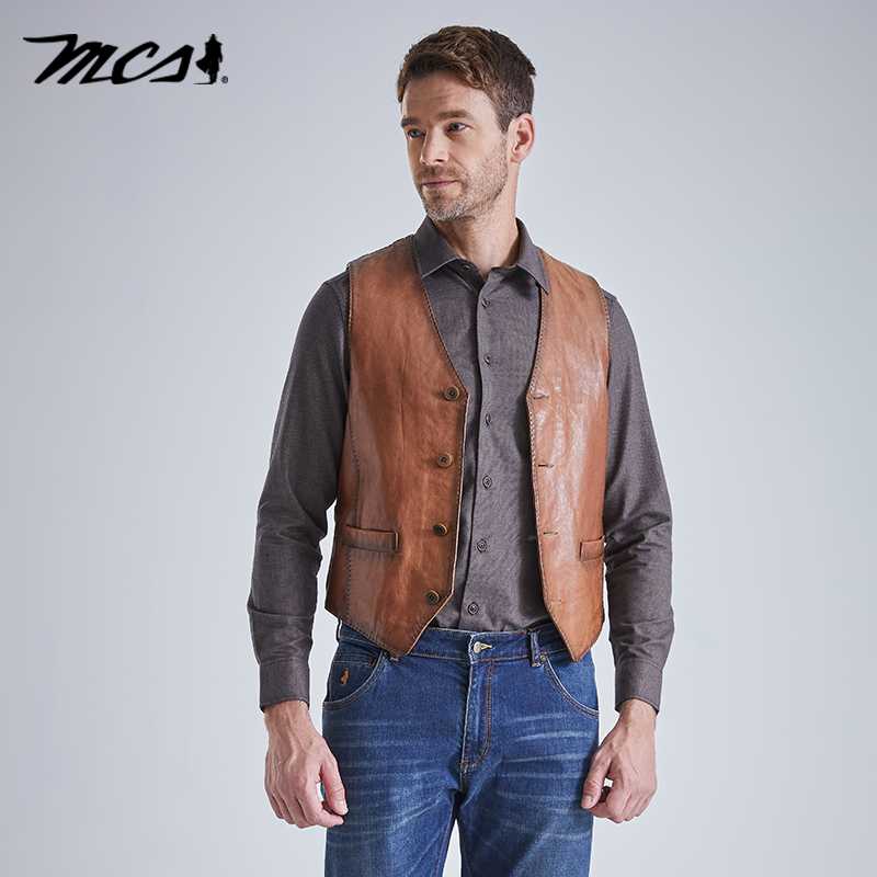 MCS美式复古修身真皮皮马甲男士
