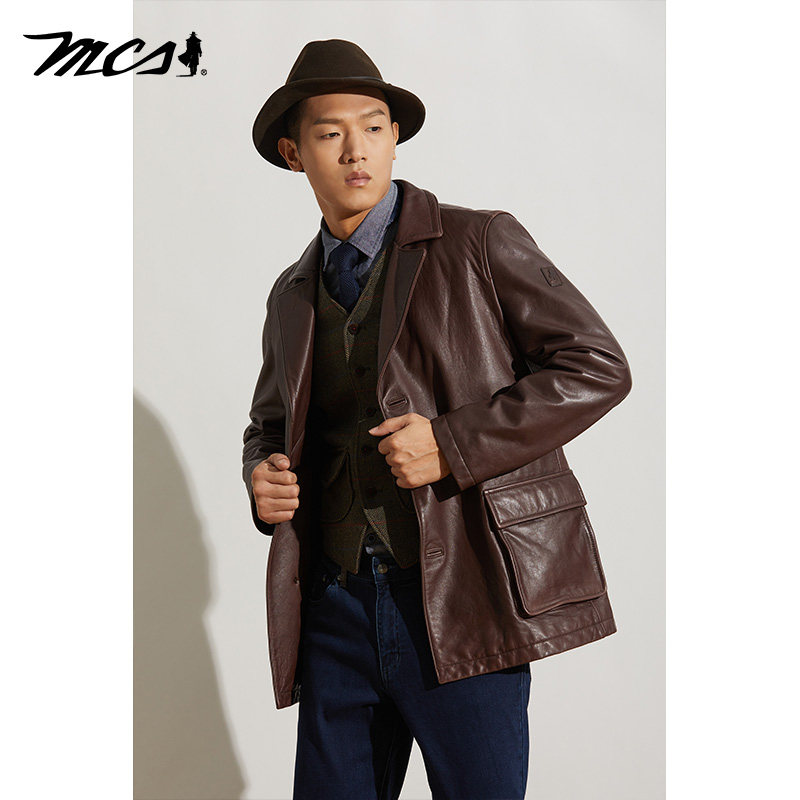 MCS翻驳领美式复古牛皮中款皮衣