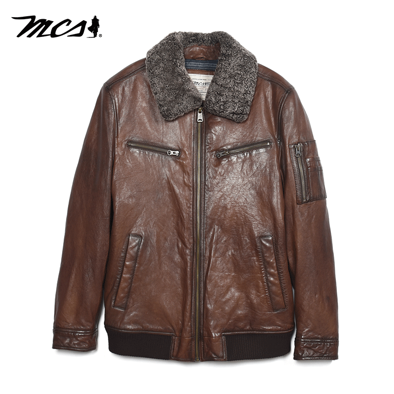 MCS翻毛领宽松版绵羊皮真皮皮衣