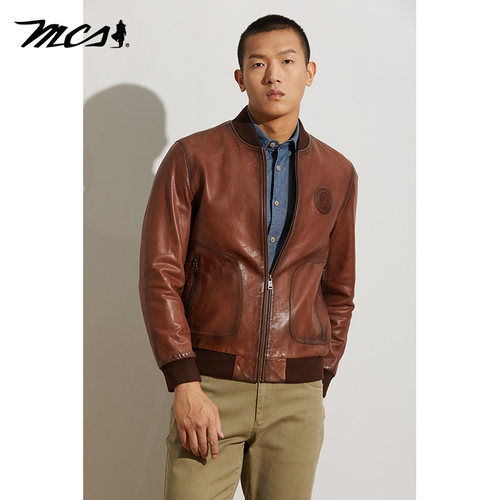 MCS复古机车绵羊皮真皮皮衣夹克