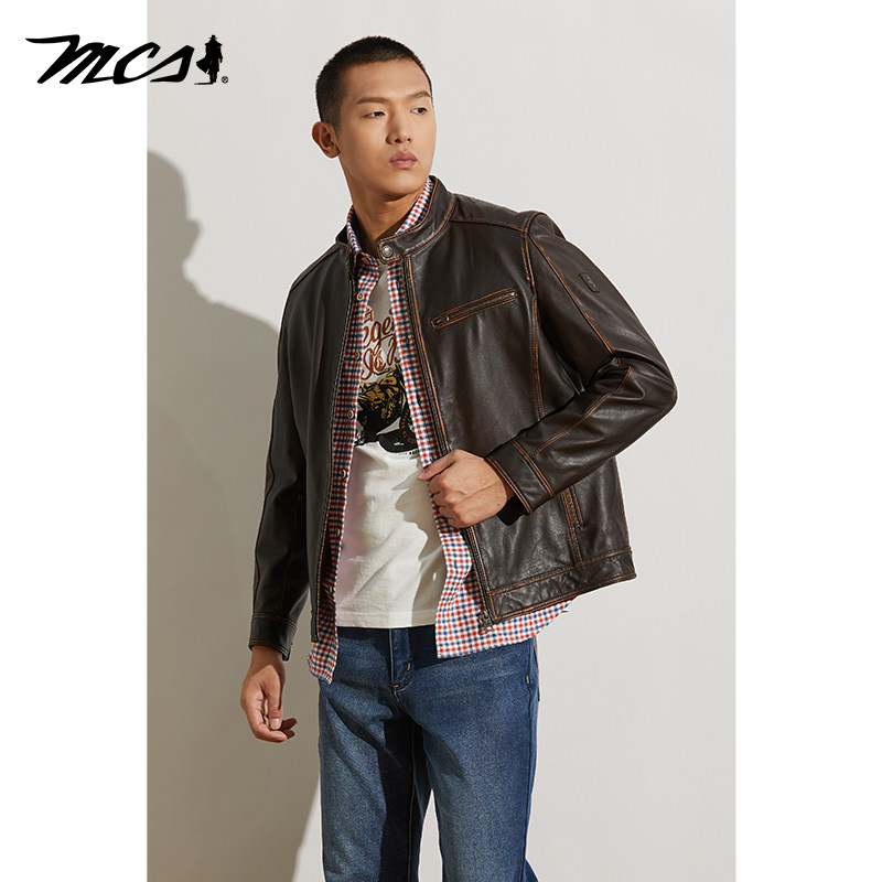 MCS复古机车三拉链袋真皮皮衣男