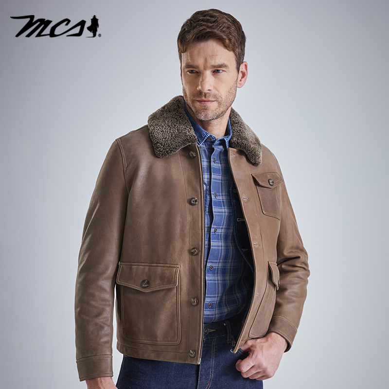MCS油蜡绵羊皮复古户外羽绒皮衣