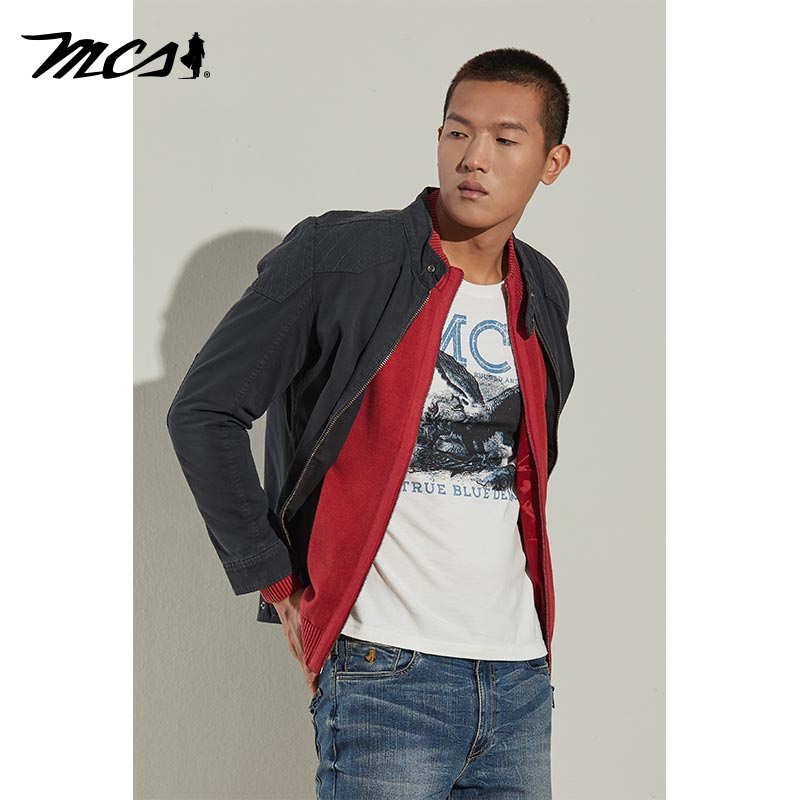 MCS复古做旧合身版纯棉立领夹克