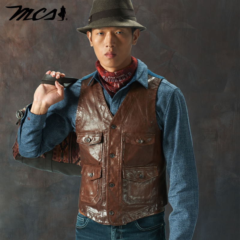 MCS紧身V领牛皮拼接牛仔布皮马甲