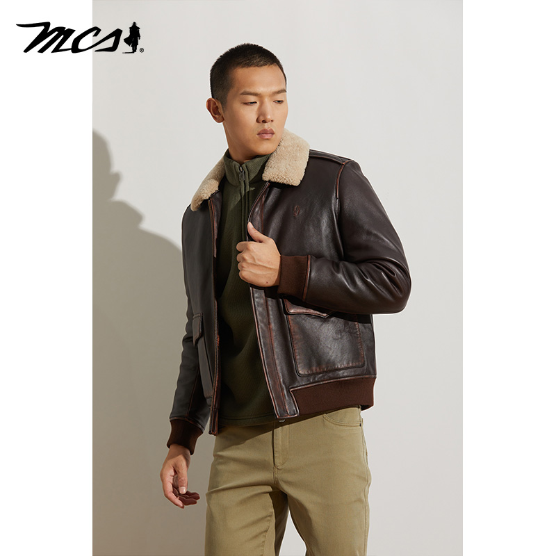 MCS短款毛领真皮羽绒皮衣夹克男