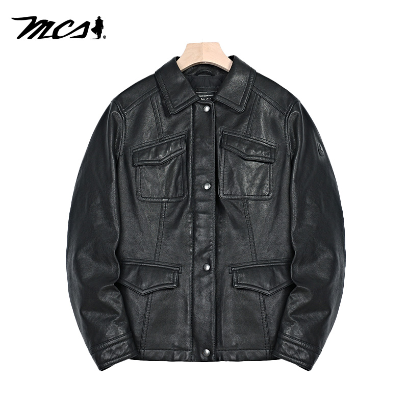 MCS翻领拉链开襟绵羊皮羽绒皮衣