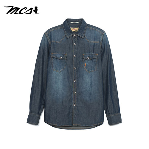 mcs经典款休闲双袋牛仔长袖衬衫