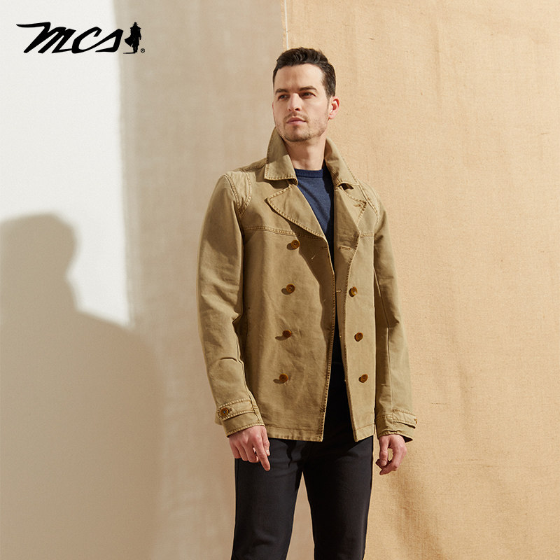 MCS棉质双排扣复古翻领短款风衣
