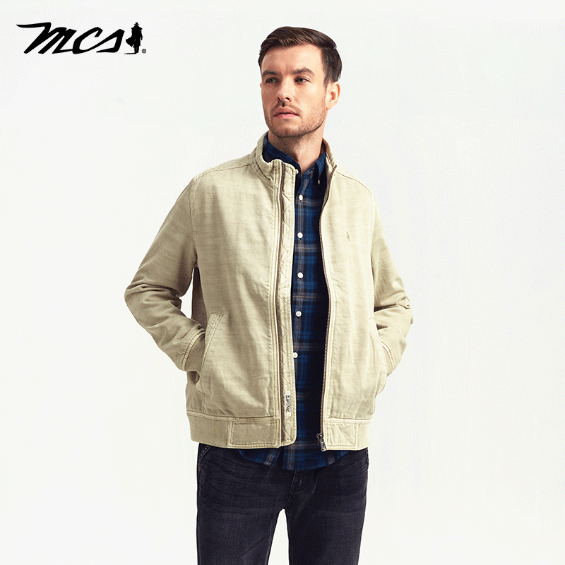 MCS男装源自万宝路美式休闲外套修身成衣件染立领斜插袋单夹克