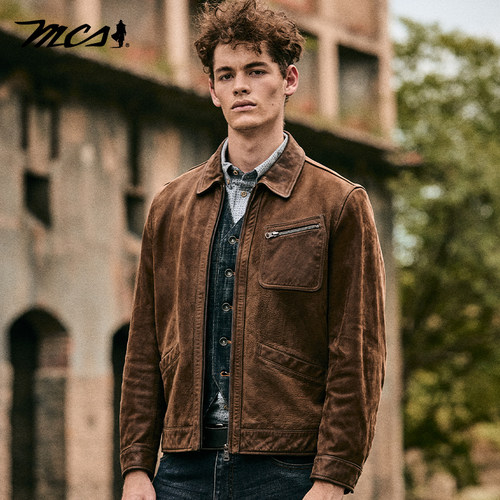 MCS翻领短款擦色牛皮工装皮衣男