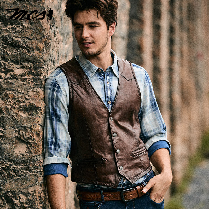 MCS复古V领紧身短款绵羊皮马甲男