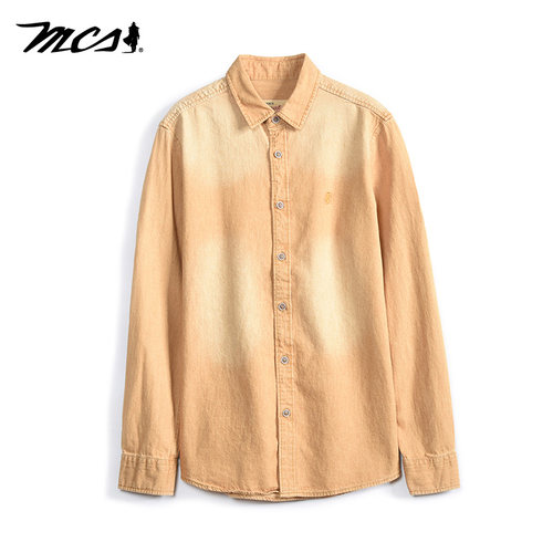 MCS美式复古纯棉长袖牛仔衬衫男