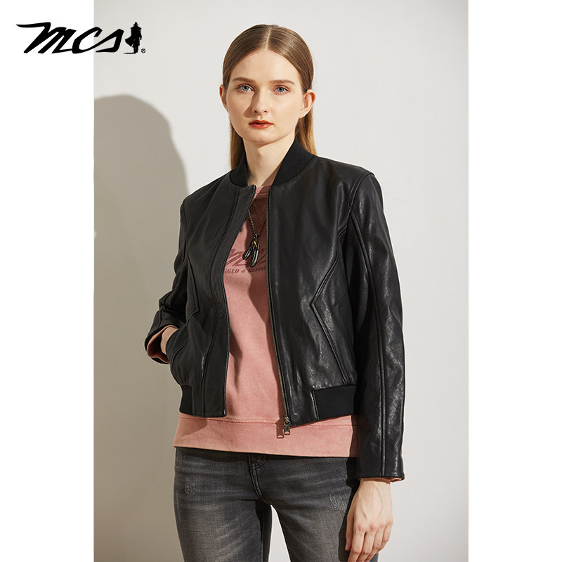 MCS棒球领短款户外休闲皮衣女士