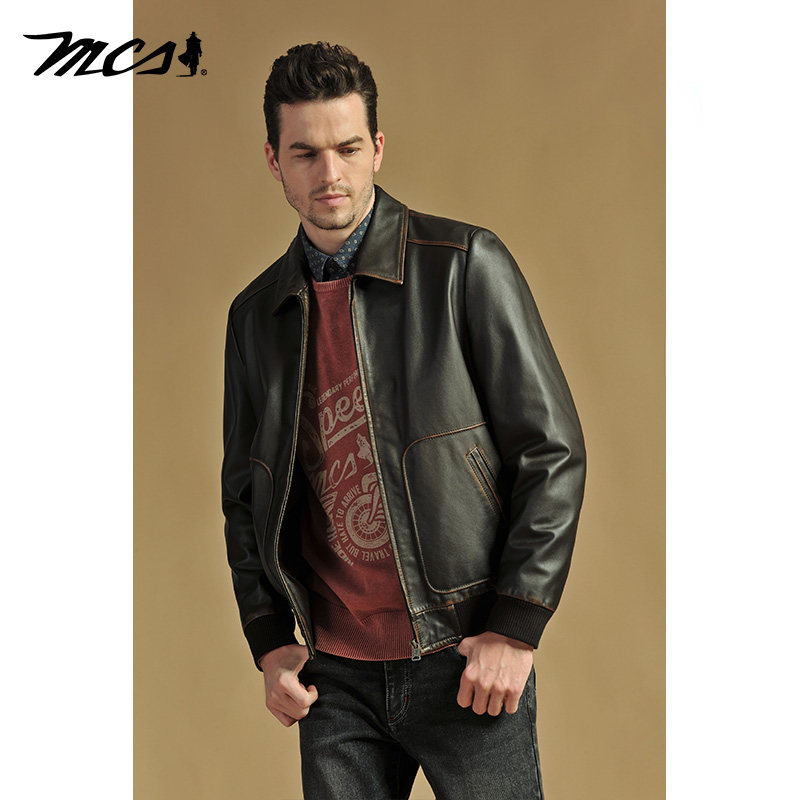 MCS休闲合身翻领双袋牛皮革皮衣