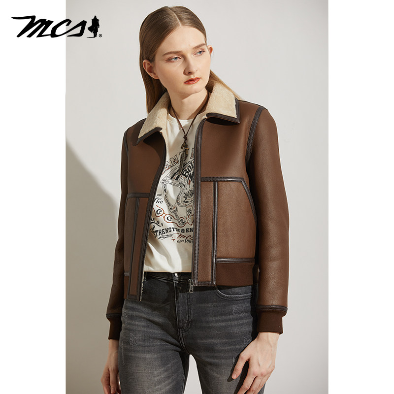 MCS复古翻领保暖羊皮夹克皮衣女