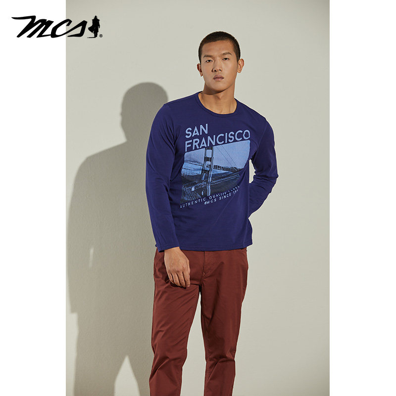 MCS男装源自万宝路美式复古棉T合身成衣件染罗纹印花长袖