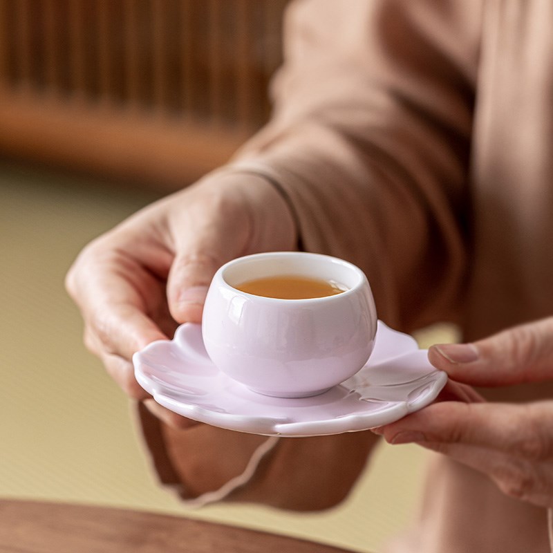 樱花粉釉品茗杯 杯垫|雅致陶瓷纯色女生小茶杯家用女士功夫茶具
