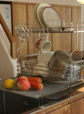 Nati Home双层不锈钢可伸缩碗碟沥水架水槽置物架厨房碗架沥水蓝