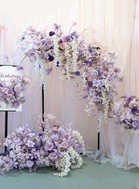 紫色系婚礼背景装饰拱门花艺 欧式拍照网红花艺装饰仿真假花花艺