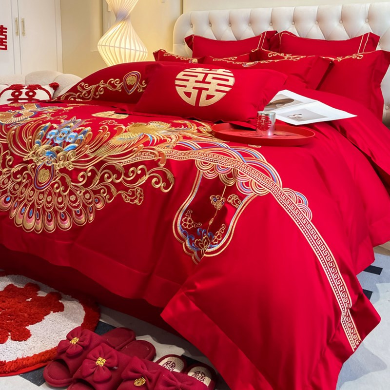 高档中式结婚四件套喜庆红色纯棉龙凤被套床单新婚庆喜被床上用品