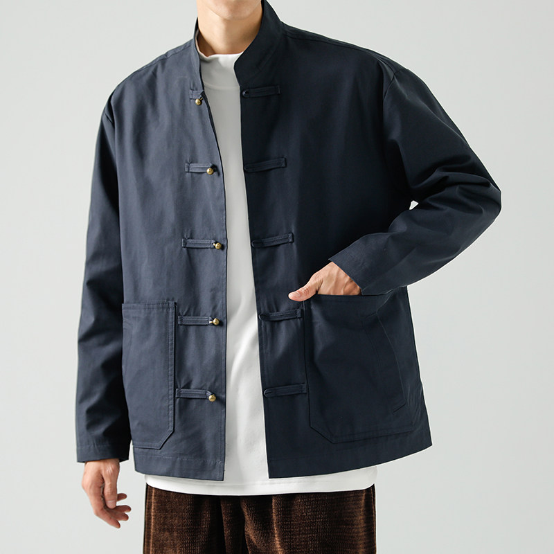 中式复古盘扣外套男装立领夹克衫中老年宽松大码防风保暖工装衣服