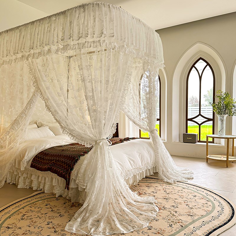 法式床幔蕾丝U型轨道蚊帐豪华别墅三开门家用公主风落地纱帐防尘