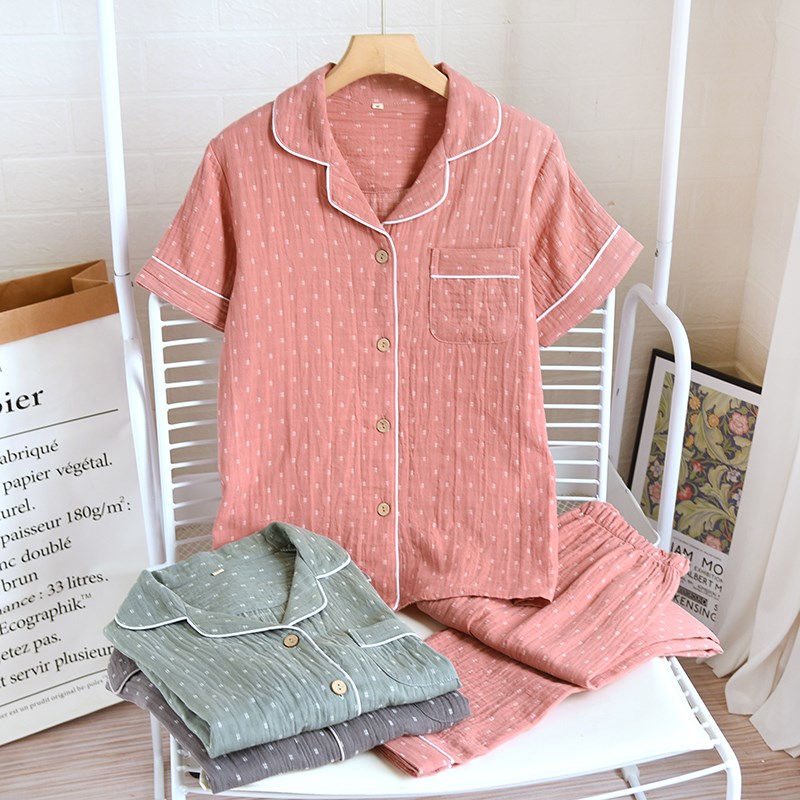 睡衣男夏季薄款短袖长裤纯棉纱色织双层纱布宽松家居服套装可外穿
