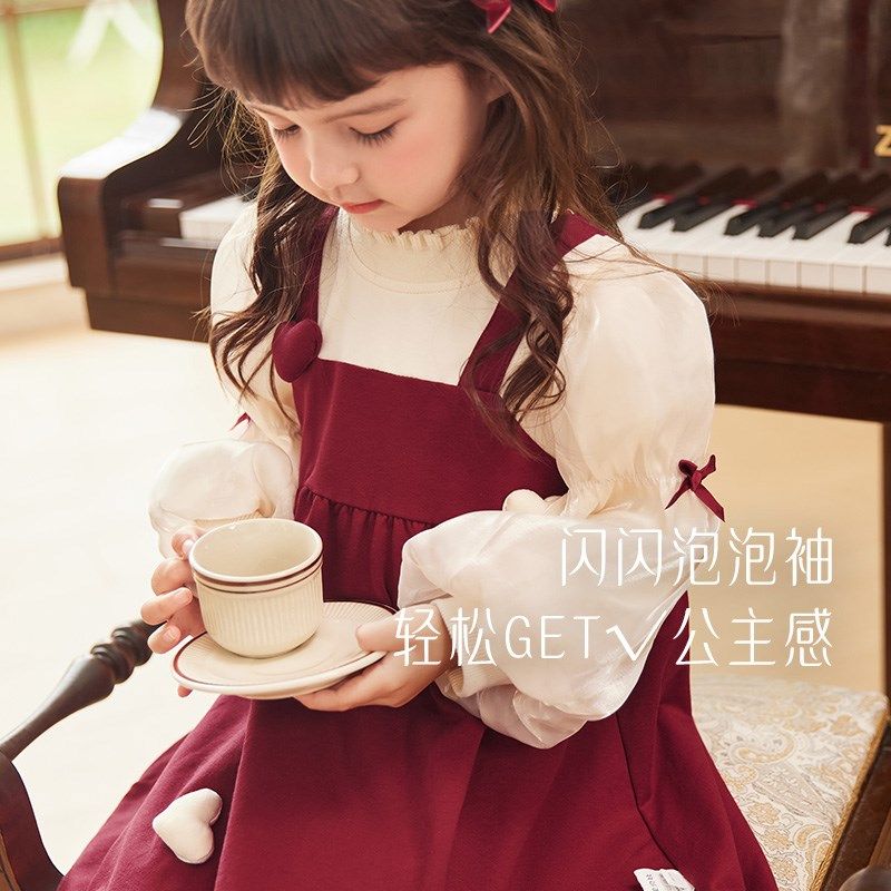 女童秋季公主裙小女孩红色洋气连衣裙宝宝秋装生日裙儿童春秋裙子