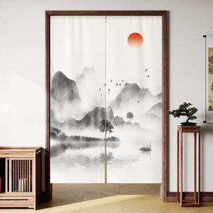 山水门帘厨房家用卫生间茶室布艺隔断遮挡帘免打孔定制布帘 新中式