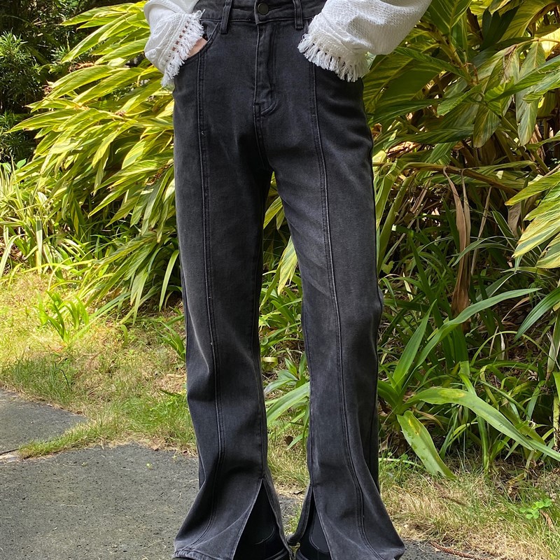 高腰开衩微喇叭牛仔裤男港风时髦显瘦直筒阔腿裤百搭垂坠感拖地裤