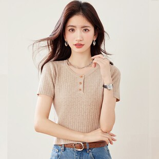 短袖t恤女2025新款夏季镂空针织衫 小个子短款高腰配半身裙的上衣