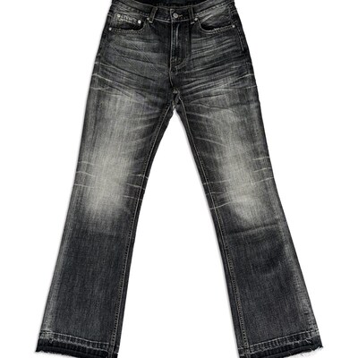 SKPN秋冬12oz盎司复古直筒微喇竹节棉水洗做旧破坏立体猫须牛仔裤