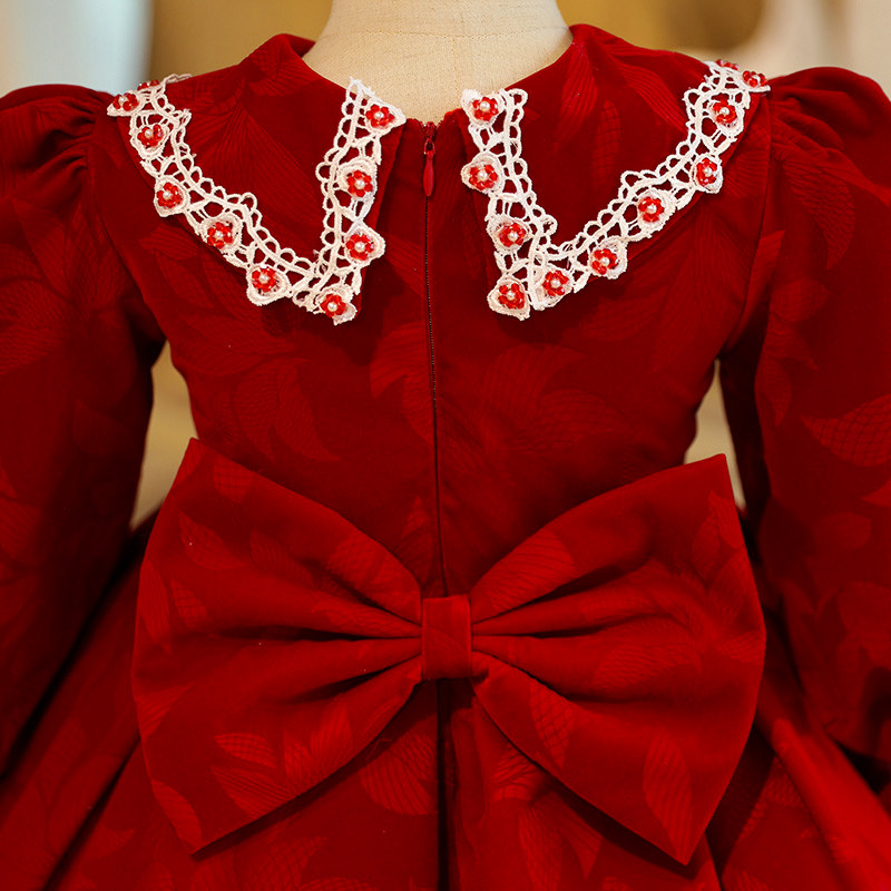 儿童酒红礼服加厚演奏生日演出服高端女童主持人中国风晚礼服轻奢