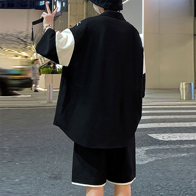 胖子中国风短袖短裤套装男士夏季宽松加肥加大码拼接短衬衫套装潮